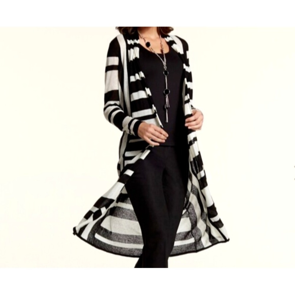 Chico's Sweater Size‎ Small 0 Long Lightweight Stripe Cardigan Black Linen Blend